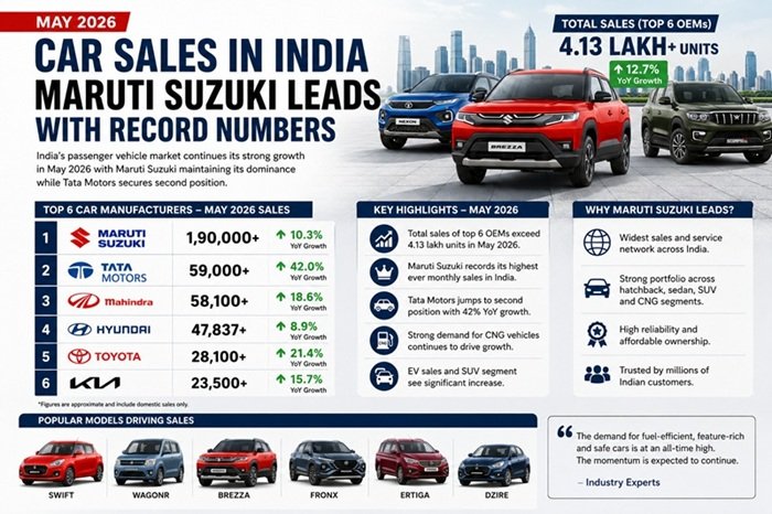 May 2026 Car Sales: Maruti Suzuki Retains No.1 Spot as Indian Auto Market Hits New High